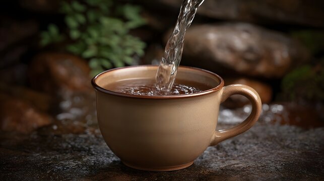 A gentle stream of fresh water pours into a rustic earthenware mug set amidst a natural backdrop of rocks and greenery