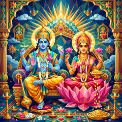 Obraz premium Stylized Geometric Representation of Lord Vishnu and Goddess Lakshmi