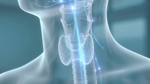 3D rendering of human neck anatomy with glowing neural pathways and thyroid gland.