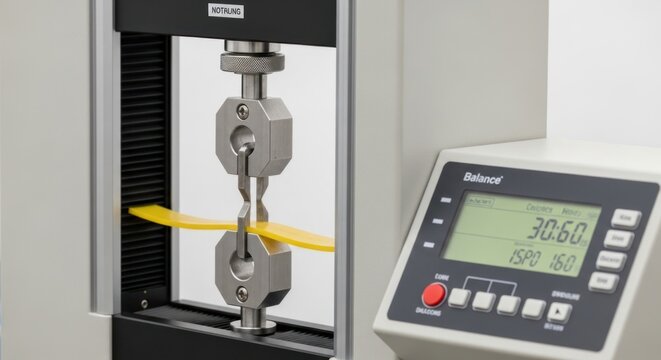 A tensile testing machine performs a strength test on a yellow plastic specimen in a laboratory during quality control analysis.