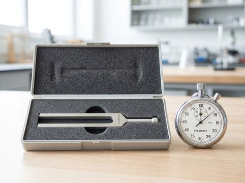 Tuning fork and stopwatch in protective case on wooden laboratory table, scientific tools