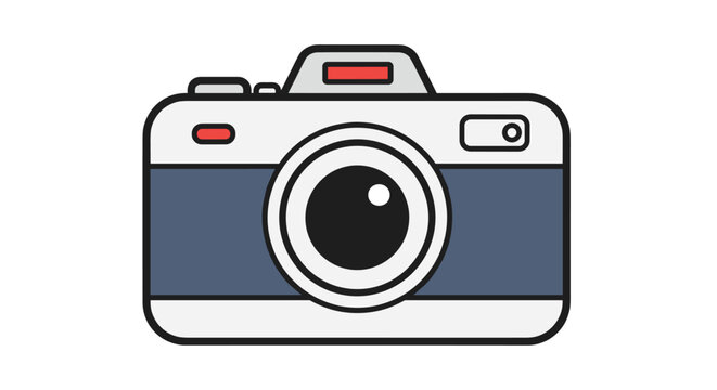 Classic silver and black digital SLR camera with a large lens and red light accents shown in a clean graphic illustration.