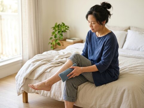 Middle-aged Asian woman with fair skin applies a cold gel pack to her injured leg while sitting on a bed in blue clothing.