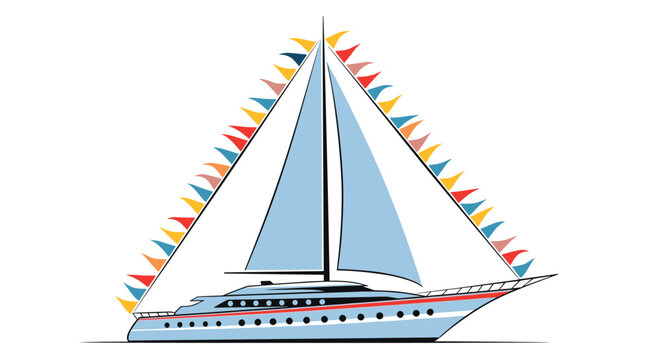 Luxury white yacht sailing with two large sails adorned with many colorful triangular flags arranged in a celebratory banner.