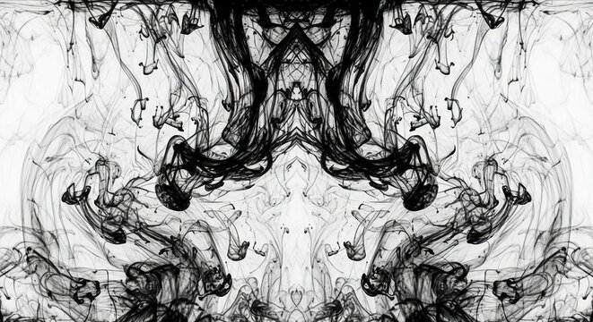 Elegant symmetrical black ink patterns dispersing in water, creating a fluid and mysterious abstract