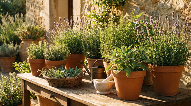 pots and plants in garden