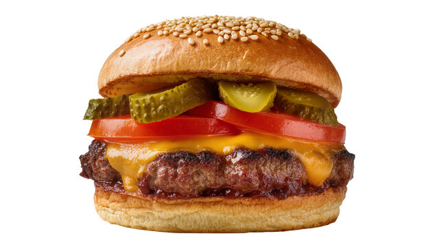 Juicy cheeseburger with pickles and tomatoes, isolated on transparent background