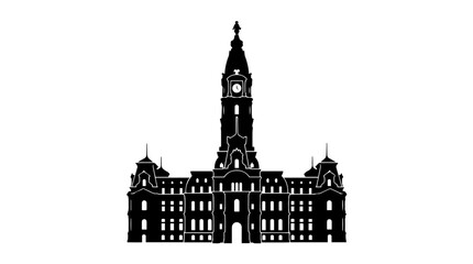 Obraz premium Vector silhouette of historic city hall with tall clock tower, spire, and symmetrical wings, grand architectural landmark art