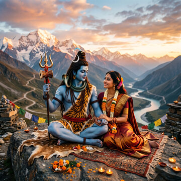 Lord Shiva and Goddess Parvati Seated at Himalayan Pass with Prayer Flags