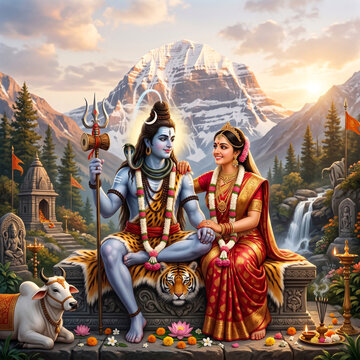 Lord Shiva and Goddess Parvati Seated at Mount Kailash with Nandi Bull
