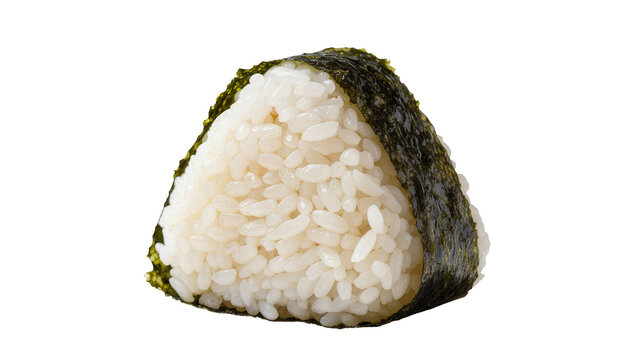 Triangular onigiri rice ball wrapped in dark green nori seaweed, isolated on transparent background