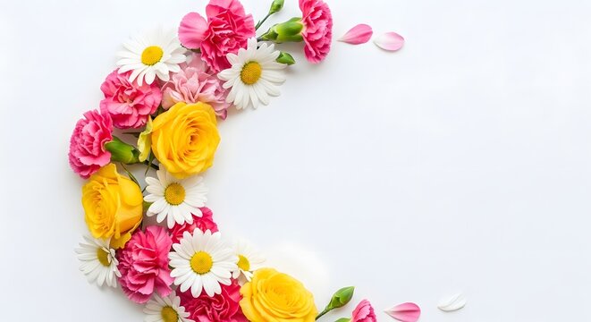 Floral crescent moon arrangement a delicate composition of pink white and yellow blooms on a white background