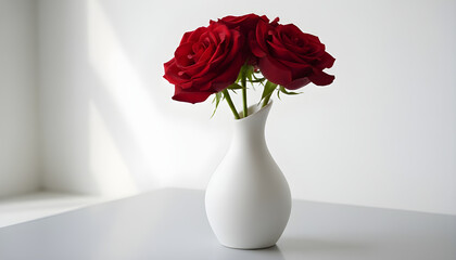 Fototapeta premium A beautiful arrangement of three deep red roses in a minimalist white ceramic vase on a gray table against a white wall.