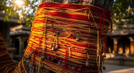 Obraz premium Tree trunk wrapped with colorful threads and small bells a sacred ritualistic offering in a temple spiritual and cultural tradition