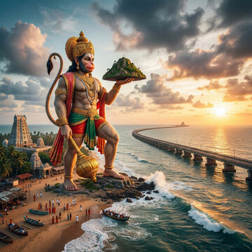 Majestic Lord Hanuman carrying the Dronagiri mountain over the Indian Ocean with a coastal temple and bridge