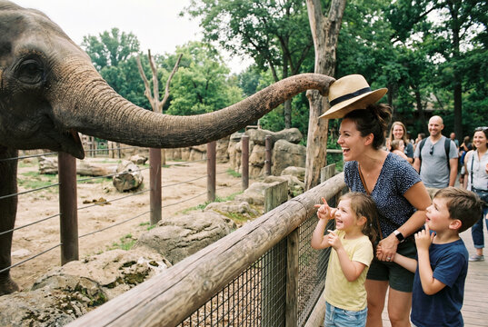 Mother and Children Watching Elephants at Zoo Enclosure