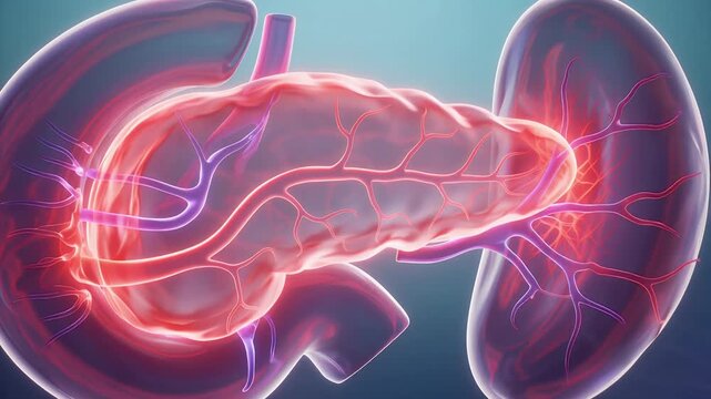 3D medical illustration of the human pancreas and spleen, showing blood vessels and internal structures with a glowing red and purple effect, representing inflammation or disease.