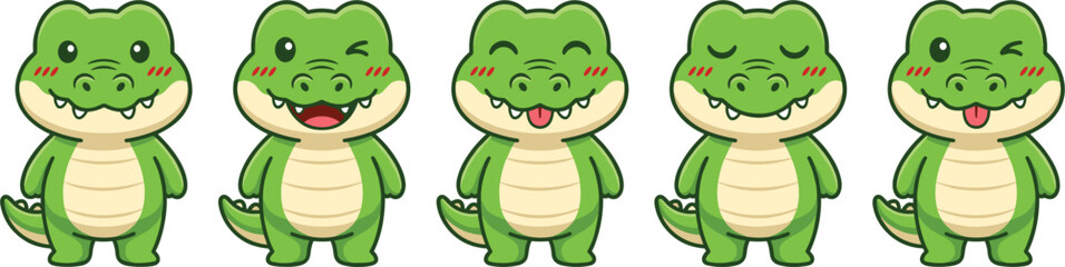Obraz premium Cute crocodile cartoon character set adorable green alligator mascot vector illustration collection design