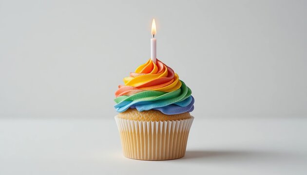Rainbow frosted cupcake topped with lit candle vibrant swirl of colors against neutral background festive composition symbolizing celebration joy and sweet simplicity dessert concept