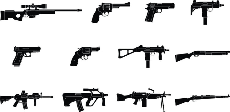 Firearm Silhouettes Set Featuring Rifles Pistols Shotguns and Tactical Weapons for Security Defense and Military Concepts