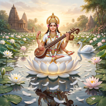 Goddess Saraswati Playing Veena on a Lotus in a Peaceful Pond