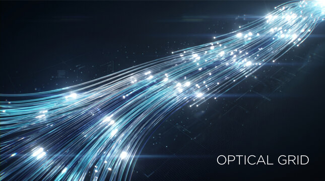 Abstract optical grid background with glowing fiber optic cables and high-speed data pulses. Futuristic blue digital infrastructure for internet broadband, telecommunications, AI, and cloud network.