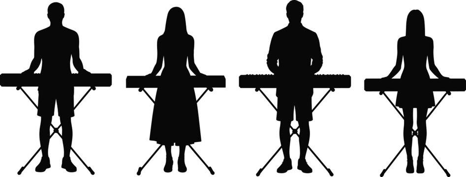 Keyboard player silhouette set with male and female musicians performing on electronic piano isolated black vector