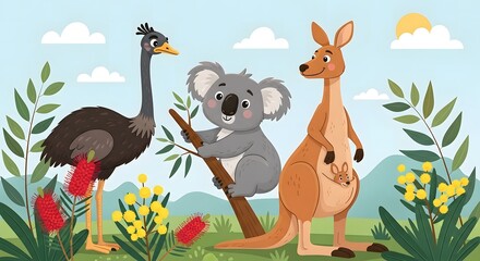 Naklejka premium Australian wildlife characters emu koala kangaroo with joey standing in flower field.