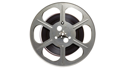 Fototapeta premium Vintage metal film reel with black celluloid tape, isolated on transparent background