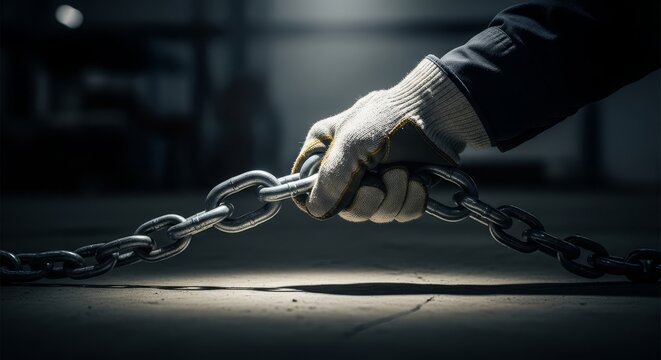 Hand in a thick work glove firmly gripping a heavy metal chain, demonstrating strength and industrial labor