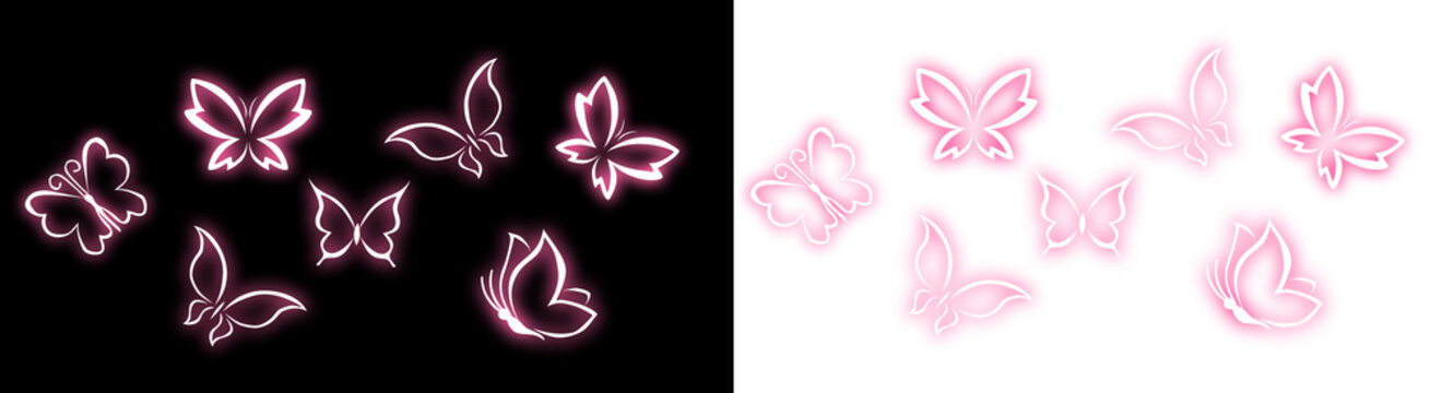 PNG image of Glowing pink butterfly neon icons set, vibrant electric butterfly light symbols, 7 decorative insect line art elements for nightlife and party design isolated on Transparent