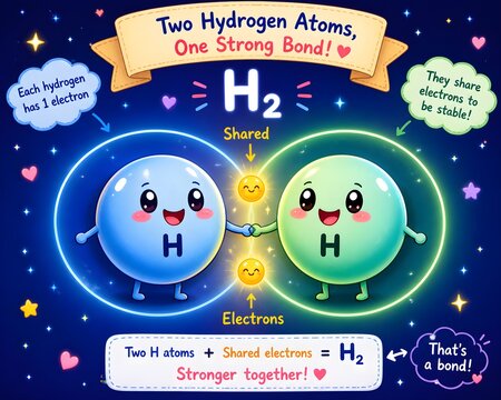 Colorful textbook style illustration of hydrogen molecule formation through shared electrons