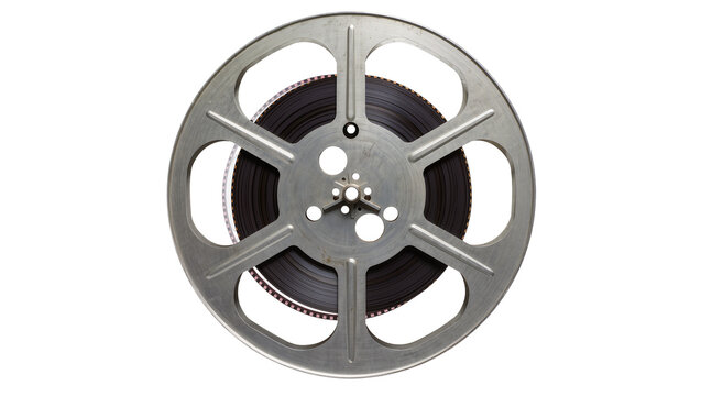 Vintage metal film reel with black celluloid tape, isolated on transparent background