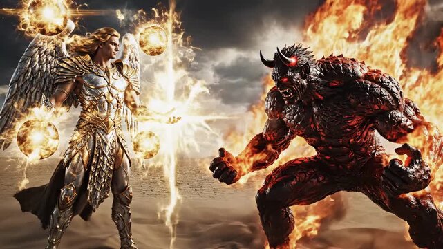 Angel And Giant. Sky Battle Between Fiery Beings. Stormy Desert Witnesses Angelic And Volcanic Forces Clash. Celestial And Volcanic Entities Confront Each Other Amidst Swirling Grains Of Sand.