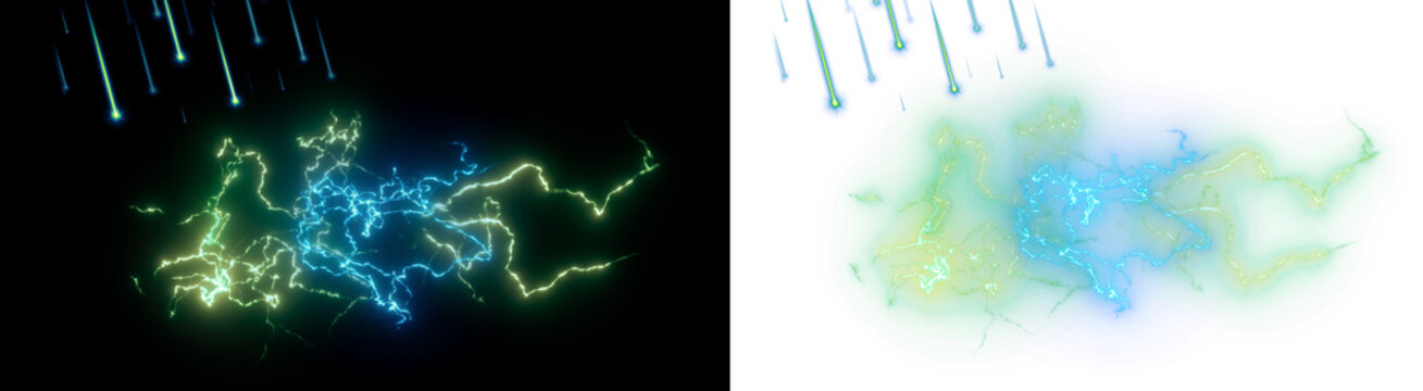 PNG image of Electric lightning bolt discharge with glowing blue and green sparks, cinematic energy flash effect, magic power surge illustration isolated on Transparent Background