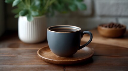 Fototapeta premium A minimalist morning scene featuring a coffee cup on a wooden saucer complemented by lush green foliage and coffee beans