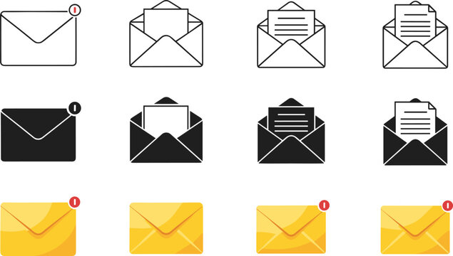 Email envelope icons set with open, message and notification symbols in outline, solid and colored styles for communication design