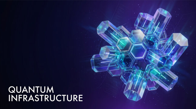 Quantum infrastructure background with 3D hexagonal blocks and digital network lines. Abstract futuristic technology concept for AI systems, cloud data storage, blockchain, and cyber security.