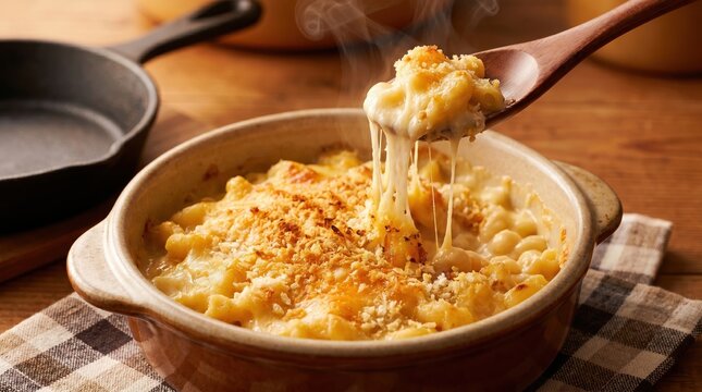 Macaroni and cheese in ceramic bowl.
