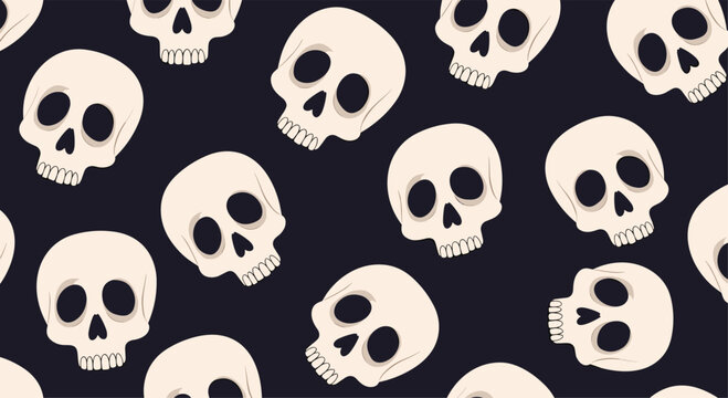 A spooky and cute seamless pattern of cartoon skulls scattered on a dark background for halloween celebrations.