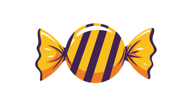 A sweet halloween candy in a yellow and black striped wrapper isolated on a plain white background.