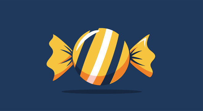 A simple flat illustration of a round candy in a striped yellow and white wrapper on a dark blue background.