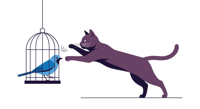 Dramatic illustration of a sleek black cat leaping to attack a scared blue bird inside a hanging birdcage on a white background.