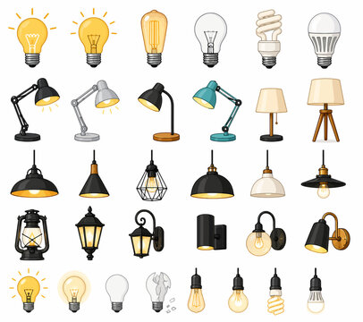 Vector Set Featuring Various Styles of Lamps, Light Bulbs and Luminaires