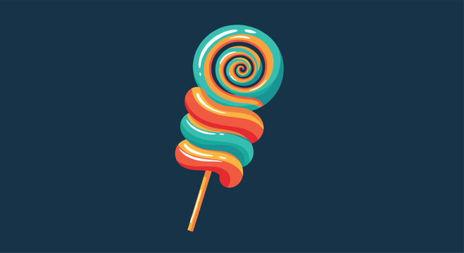 Vibrant and whimsical twisted lollipop with colorful orange, red, and turquoise swirls on a stick, set against a dark blue background.