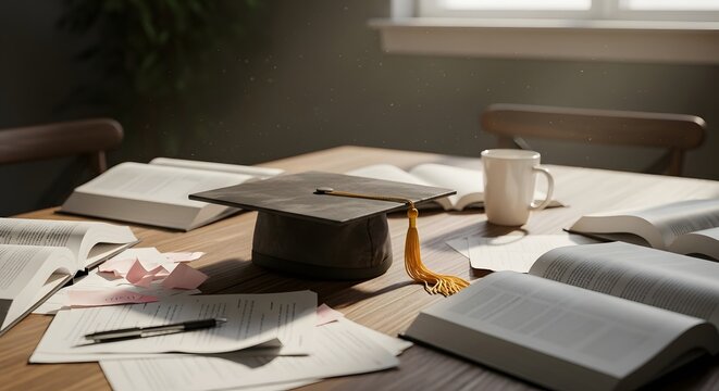 Graduation cap on a messy desk with open books and papers, representing education and academic achievement