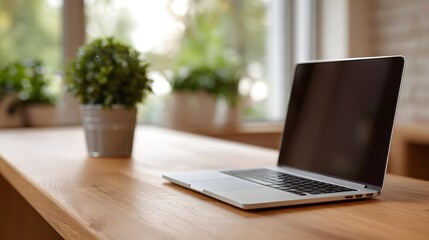 Fototapeta premium Open laptop placed on a wooden desk bathed in natural light situated in a home office environment with potted greenery