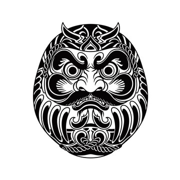 A detailed black and white illustration of a traditional Japanese Daruma doll's face, featuring intricate patterns and a fierce expression.