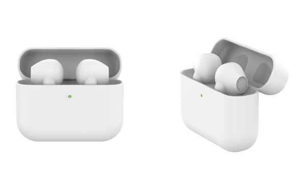 Modern wireless earbuds headphones isolated on white background. 3d illustration