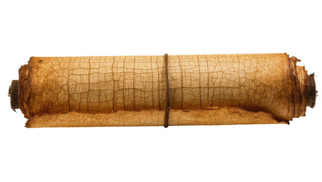 Ancient cracked parchment scroll tied with twine, isolated on transparent background